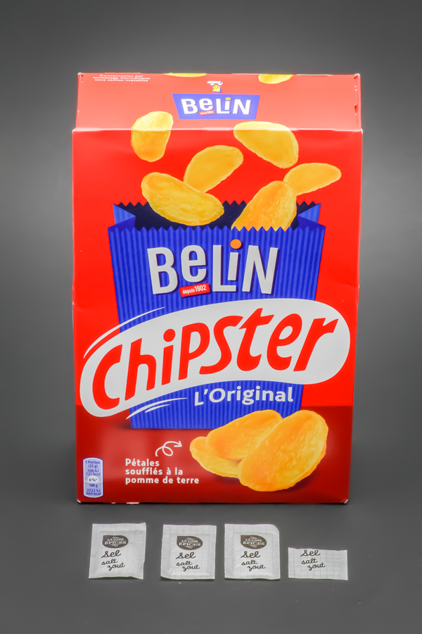 1 boite de 75g de Chipster de Belin contient 3,47 dosettes de sel soit 2,77g