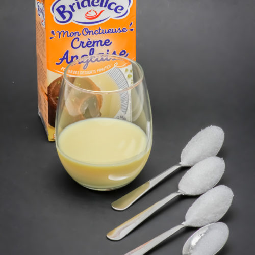 10cl de crème anglaise Bridélice contiennent 3,2 cuil. à café de sucre soit 16g ce qui représente 18% des apports journaliers en sucre selon les repères nutritionnels recommandés européens, 32% des apports journaliers selon les recommandations de l'OMS de 2002 et 64% selon les dernières recommandations de l'OMS de 2014