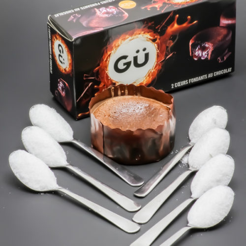 1 coeur fondant au chocolat Gü contient 6,9 cuil. à café de sucre soit 34,7g