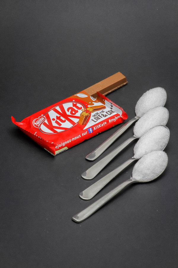 1 KitKat 4 barres contient de 4 cuil. à café de sucre