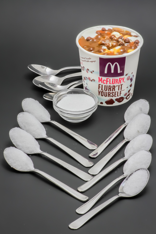 1 McFlurry nappage caramel et KitKat Ball contient 12,4 cuil. à café de sucre