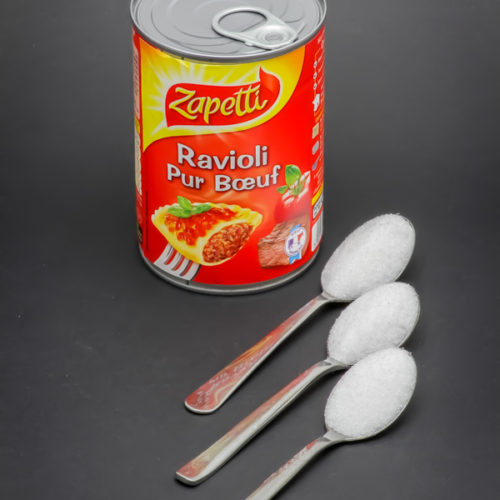 1 boite de 400g de ravioli Zapetti contient 2,6 cuil. à café de sucre
