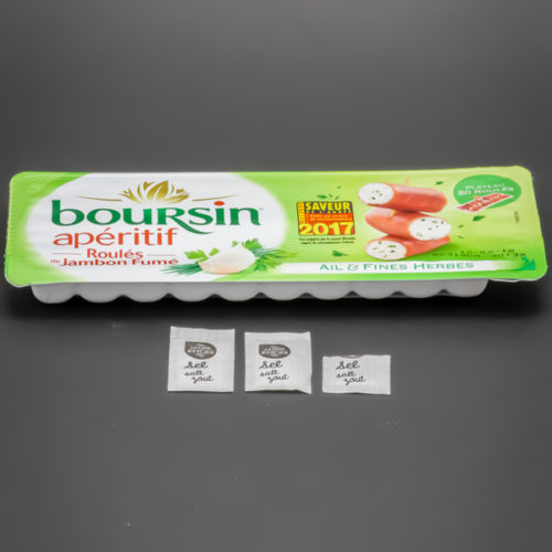 1 barquette de roulés jambon fumé Boursin Apéritif contient 2,62 dosettes de sel soit 2,1g
