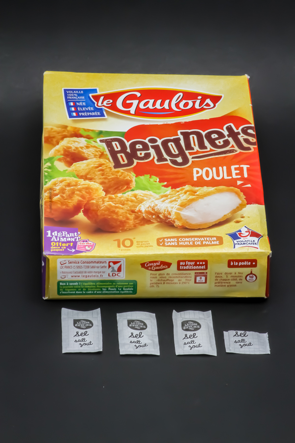 1 boite de beignets de poulet Le Gaulois contient 3,5 dosettes de sel soit 2,8g