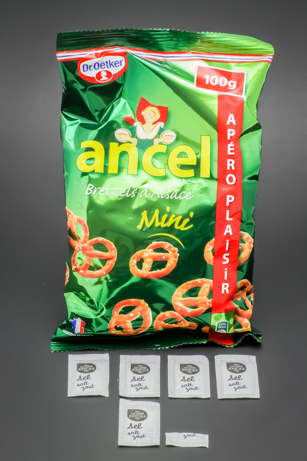 1 sachet de mini bretzels Ancel contient 5,25 dosettes de sel soit 4,2g