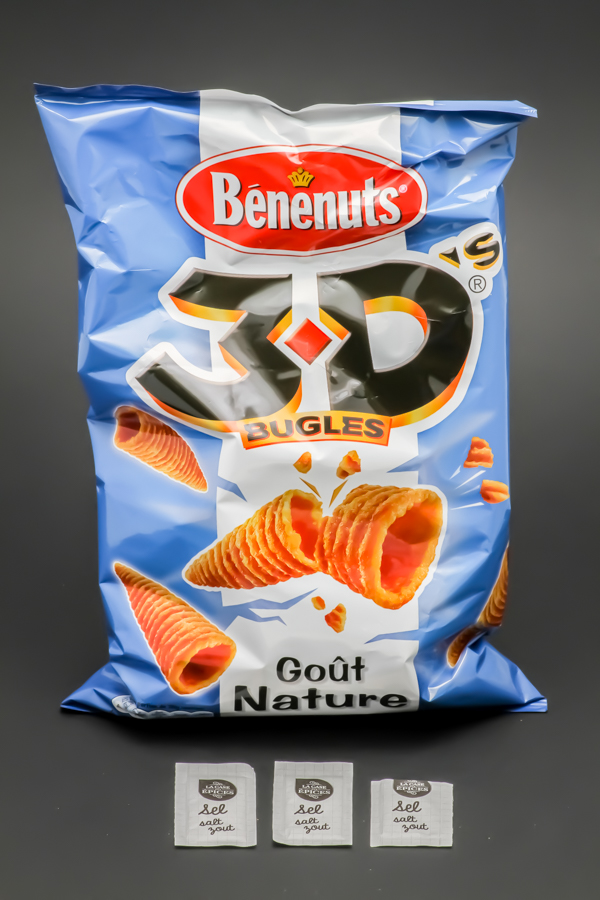 1 sachet de 3D bugles de Bénenuts contient 2,8 dosettes de sel soit 2,2g