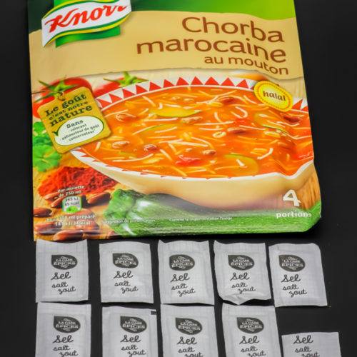 1 sachet de soupe chorba marocaine Knorr contient 9,5 dosettes de sel soit 7,6g
