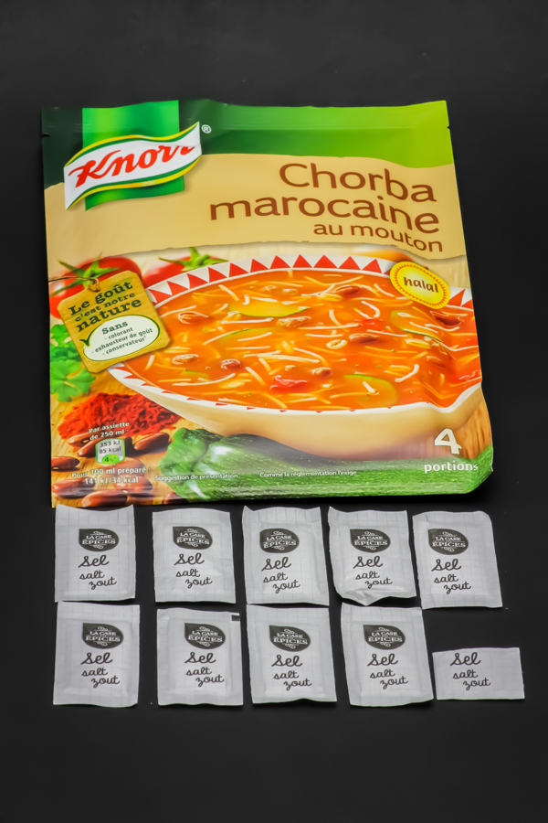 1 sachet de soupe chorba marocaine Knorr contient 9,5 dosettes de sel soit 7,6g
