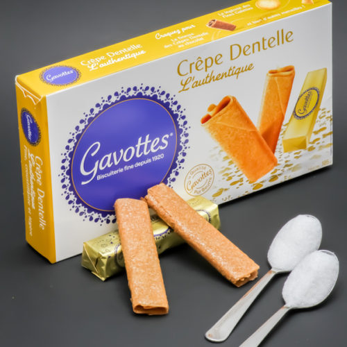 2 sachets (4 crêpes dentelle) Gavottes contiennent 2 cuil. à café de sucre soit 10g