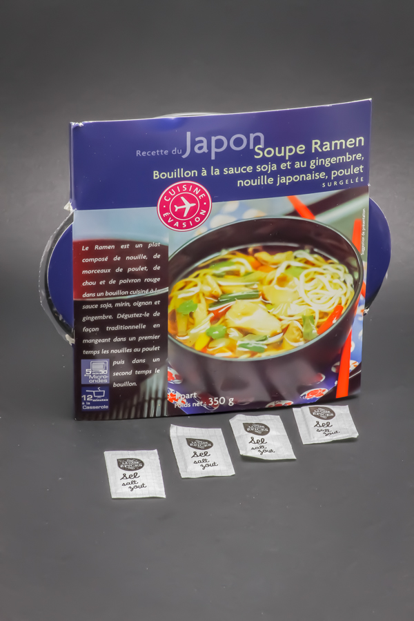 1 barquette de soupe Ramen Picard Surgelés contient 3,8 dosettes de sel soit 3,03g