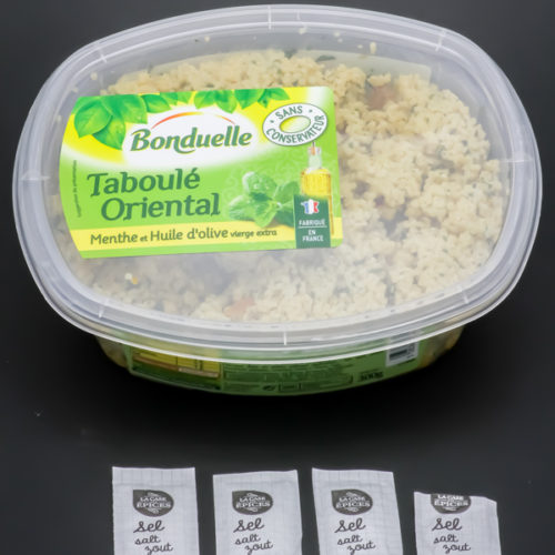 1 barquette de taboulé oriental Bonduelle contient 3,75 dosettes de sel soit 3g