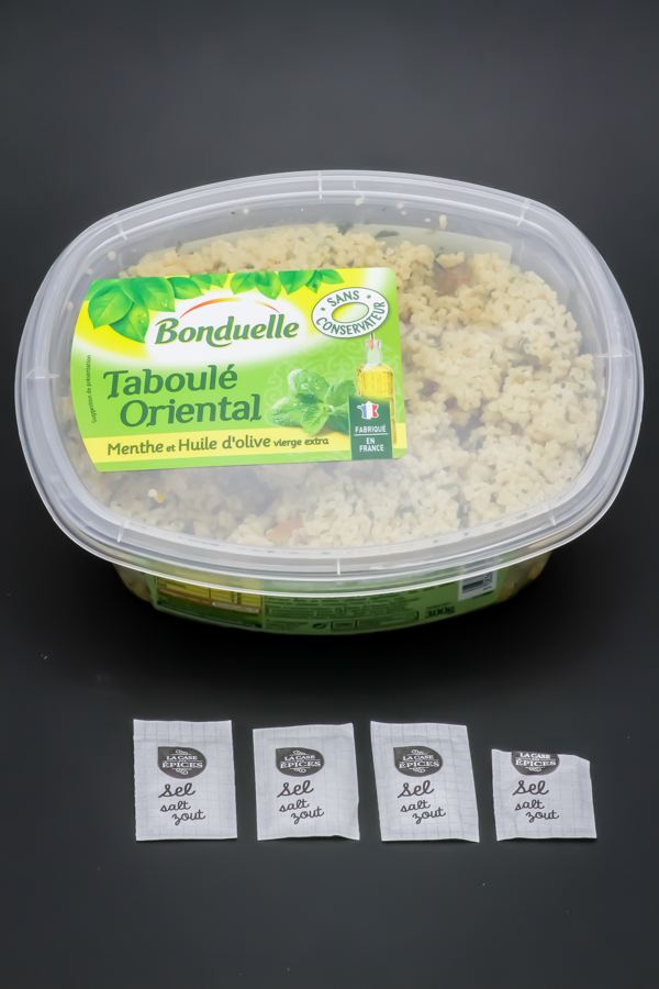 1 barquette de taboulé oriental Bonduelle contient 3,75 dosettes de sel soit 3g