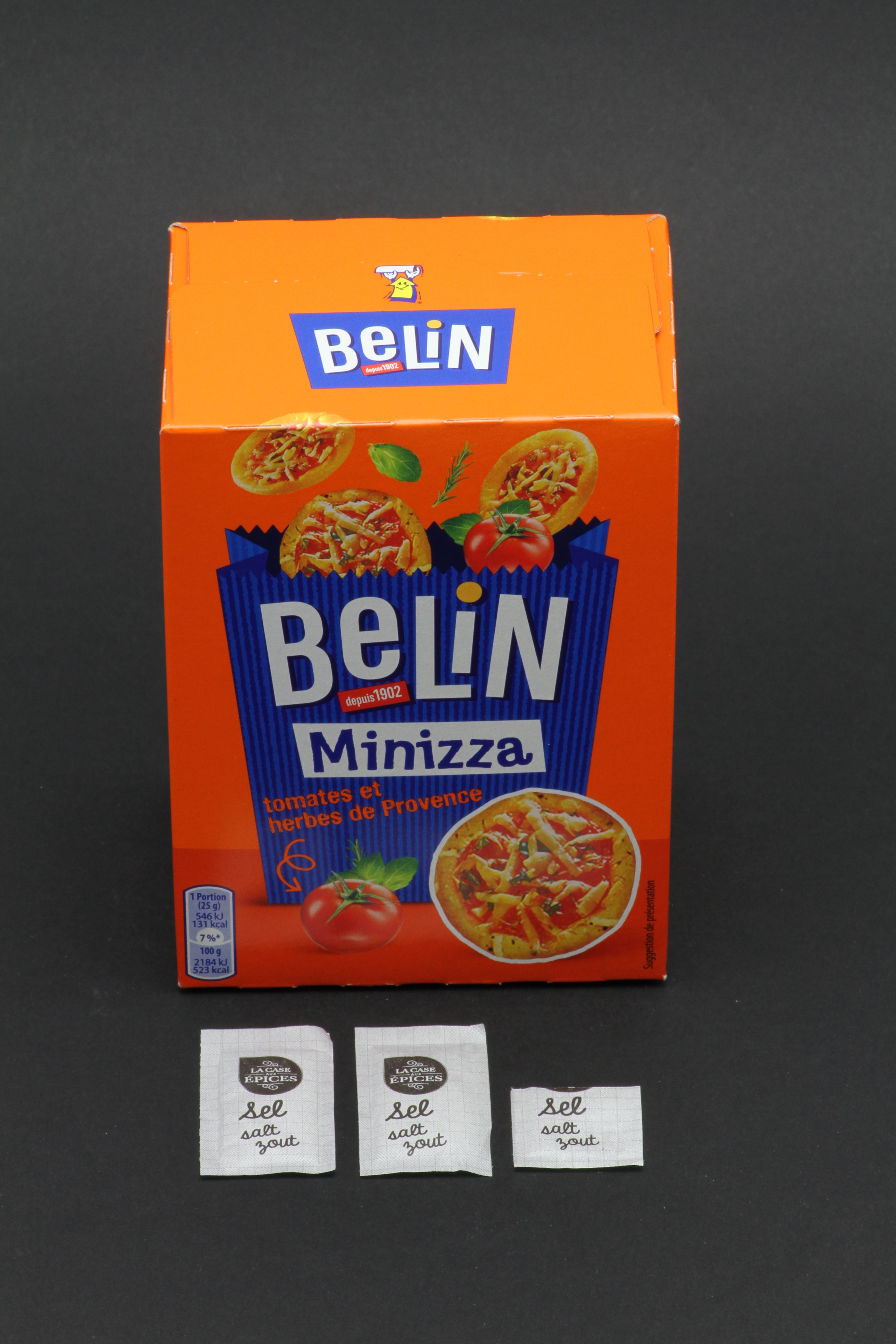 1 boite de Minizza de Belin contient 2,6 dosettes de sel soit 2g