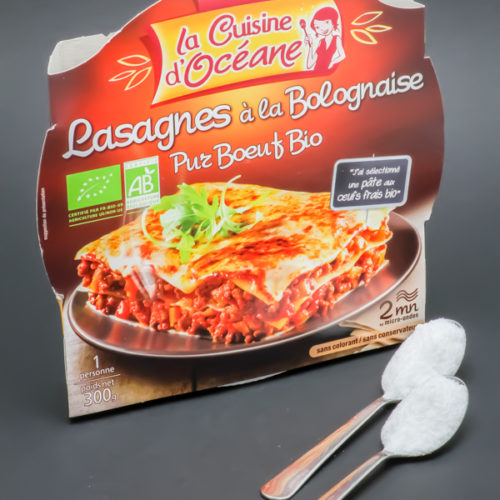 1 barquette de Lasagnes à la Bolognaise La Cuisine d'Océane contient 1,9 cuil. à café de sucre soit 9,6g