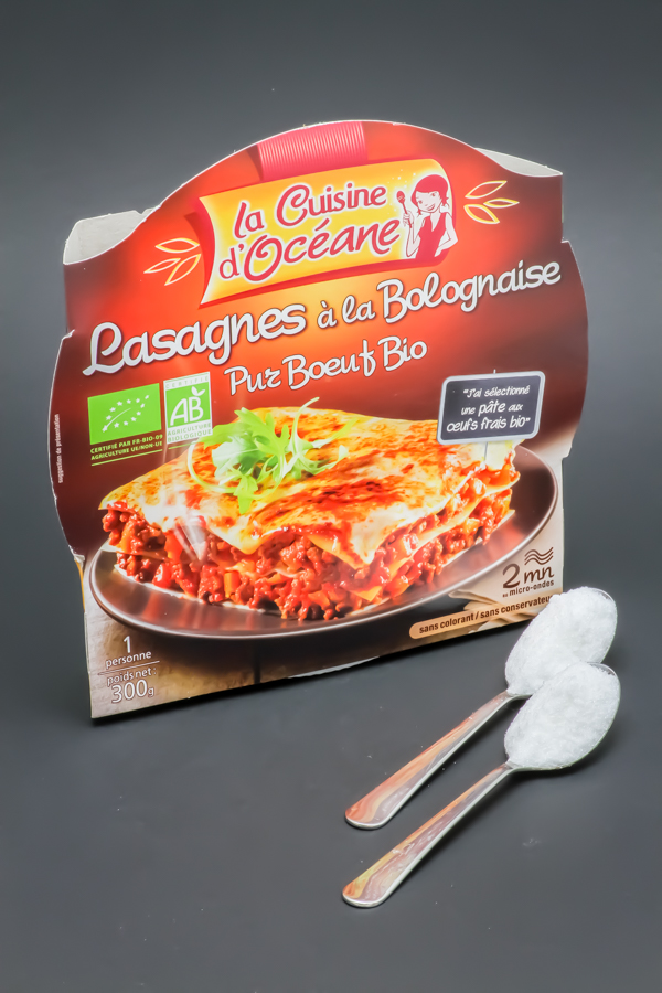 1 barquette de Lasagnes à la Bolognaise La Cuisine d'Océane contient 1,9 cuil. à café de sucre soit 9,6g