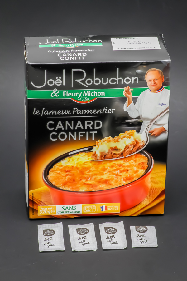 1 parmentier de canard confit Fleury Michon contient 3,75 dosettes de sel soit 3g