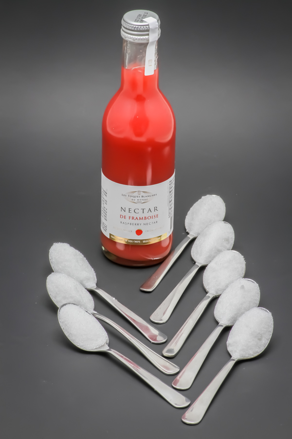 25cl de nectar de framboise Les Toques Blanches du Monde contiennent 7 cuil. à café de sucre soit 35g