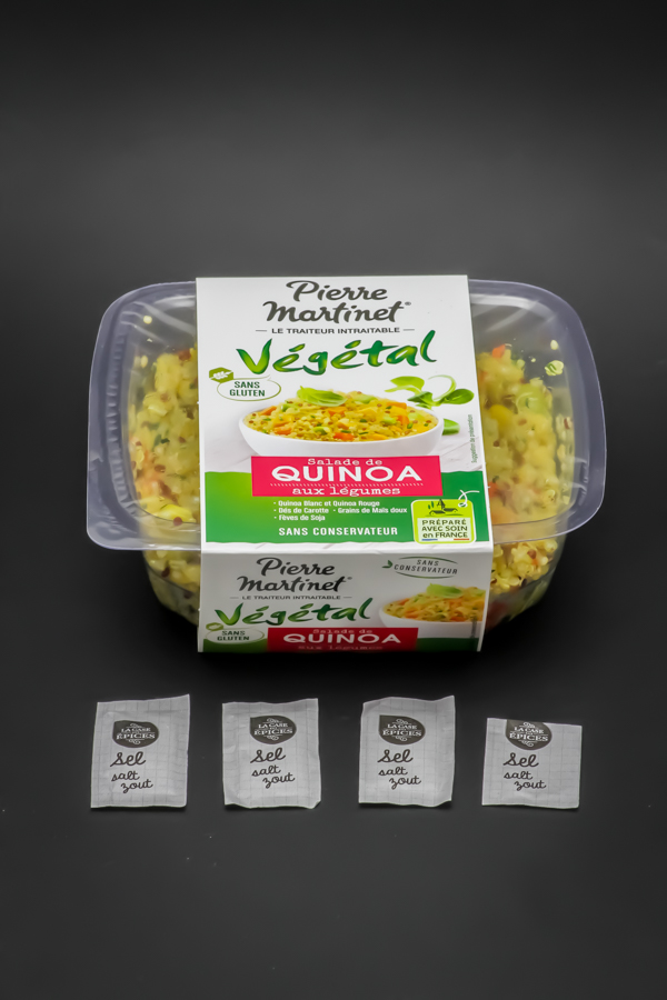 1 salade de quinoa aux légumes Pierre Martinet contient 3,75 dosettes de sel soit 3g