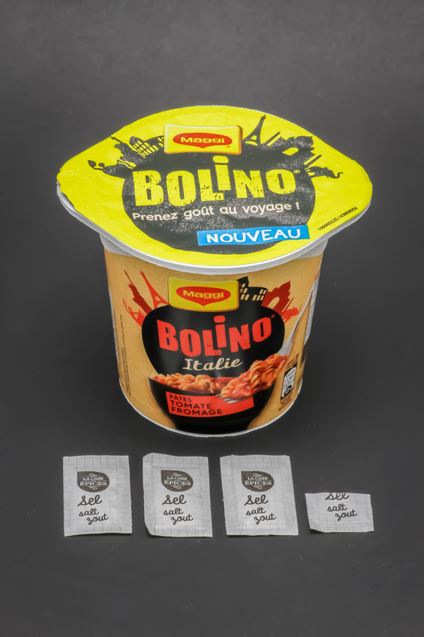 1 pot de Bolino Italie Maggi contient 3,4 dosettes de sel soit 2,7g