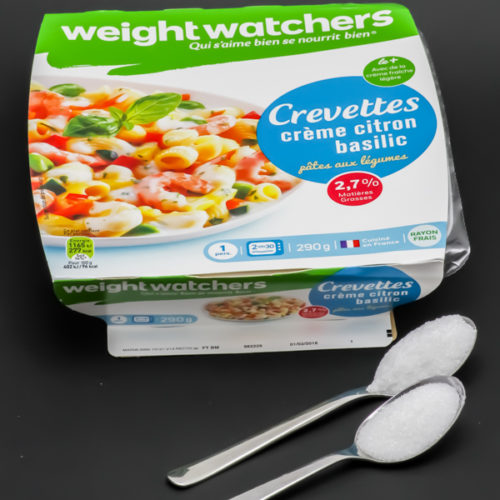 1 barquette de pâtes aux crevettes Weightwatchers contient 1,5 cuil. à café de sucre soit 7,3g