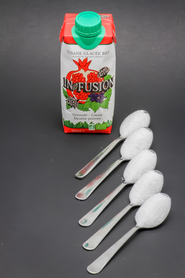 1 In Fusion grenade, cassis, menthe de 33cl contient 4,9 cuil. à café de sucre soit 24,7g