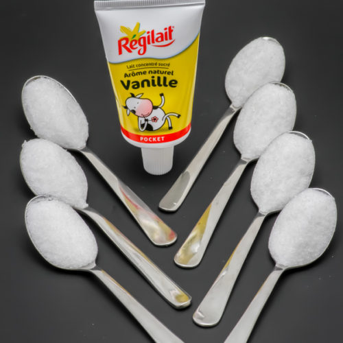 1 Régilait Pocket vanille contient 6,8 cuil. à café de sucre soit 34g