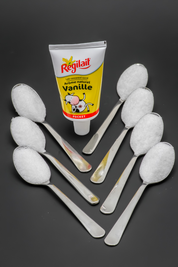 1 Régilait Pocket vanille contient 6,8 cuil. à café de sucre soit 34g