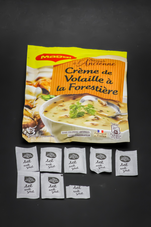 1 sachet de crème de volaille à la forestière Maggi pour 3 contient 7,5 dosettes de sel soit 6g