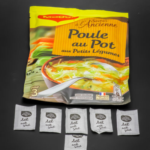 1 sachet de Poule au Pot pour 3 Maggi contient 5,6 dosettes de sel soit 4,5g