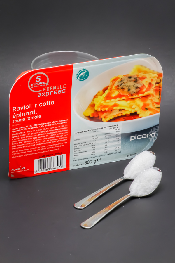 1 barquette de ravioli ricotta épinard Picard Surgelés contient 2 cuil. à café de sucre soit 9,8g