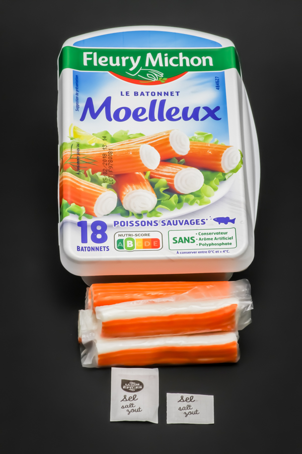 6 bâtonnets de surimi Fleury Michon contiennent 1,5 dosettes de sel soit 1,2g