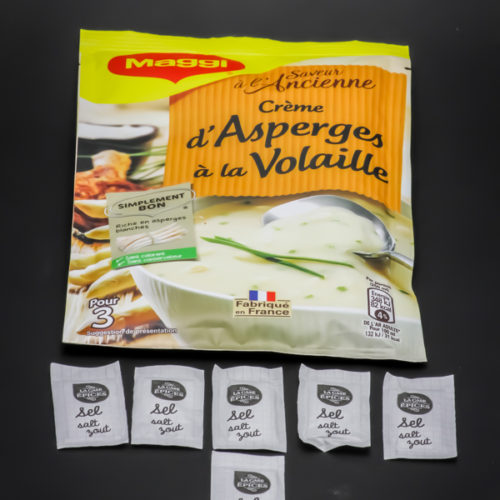 1 sachet de crème d'asperges à la volaille Maggi pour 3 contient 6 dosettes de sel soit 4,8g