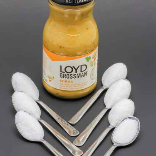 1 pot de 350g de sauce korma Loyd Grossman contient 6,2 cuil. à café de sucre soit 31,1g