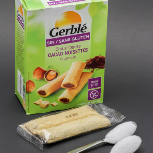 2 barres Crousti'pause cacao noisettes de Gerblé contiennent 2,1 cuil. à café de sucre soit 10,5g