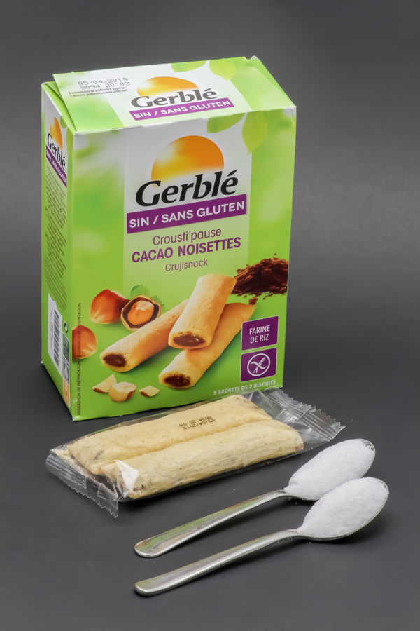 2 barres Crousti'pause cacao noisettes de Gerblé contiennent 2,1 cuil. à café de sucre soit 10,5g