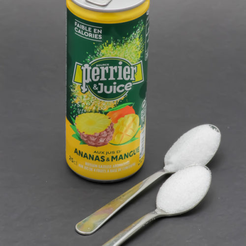 1 Perrier & Juice ananas et mangue de 25cl contient 1,8 cuil. à café de sucre soit 9,1g