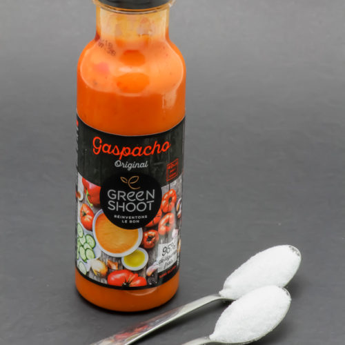 1 gaspacho Green Shoot de 33cl contient 1,9 cuil. à café de sucre soit 9,6g