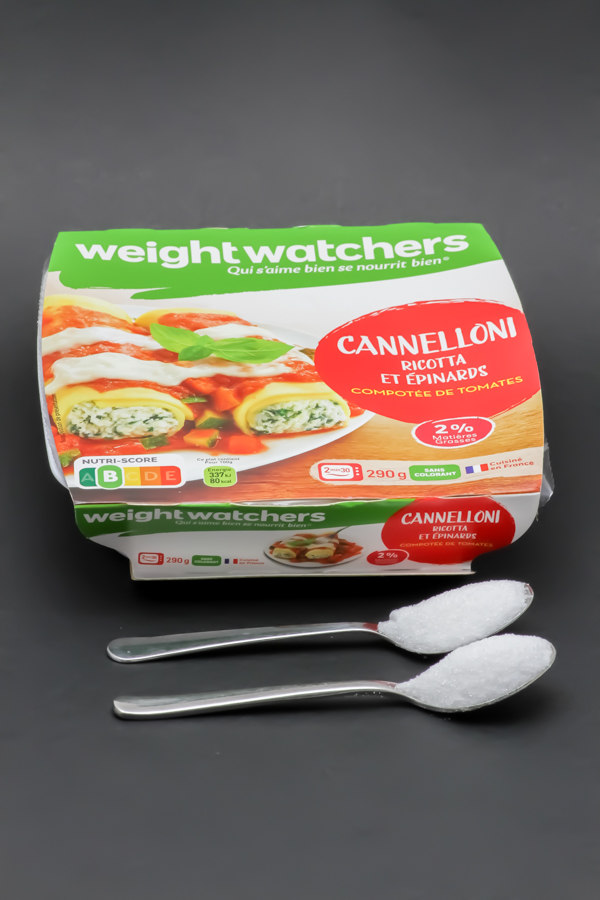 1 barquette de cannelloni ricotta et épinards WeightWatchers contient 2,2 cuil. à café de sucre soit 11g