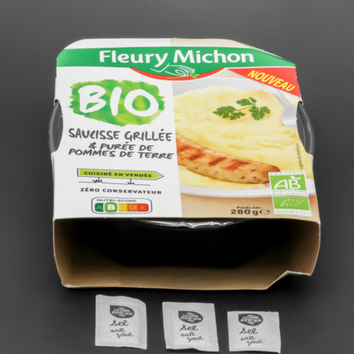 1 barquette de saucisse grillée purée Fleury Michon contient 2,75 dosettes de sel soit 2,2g